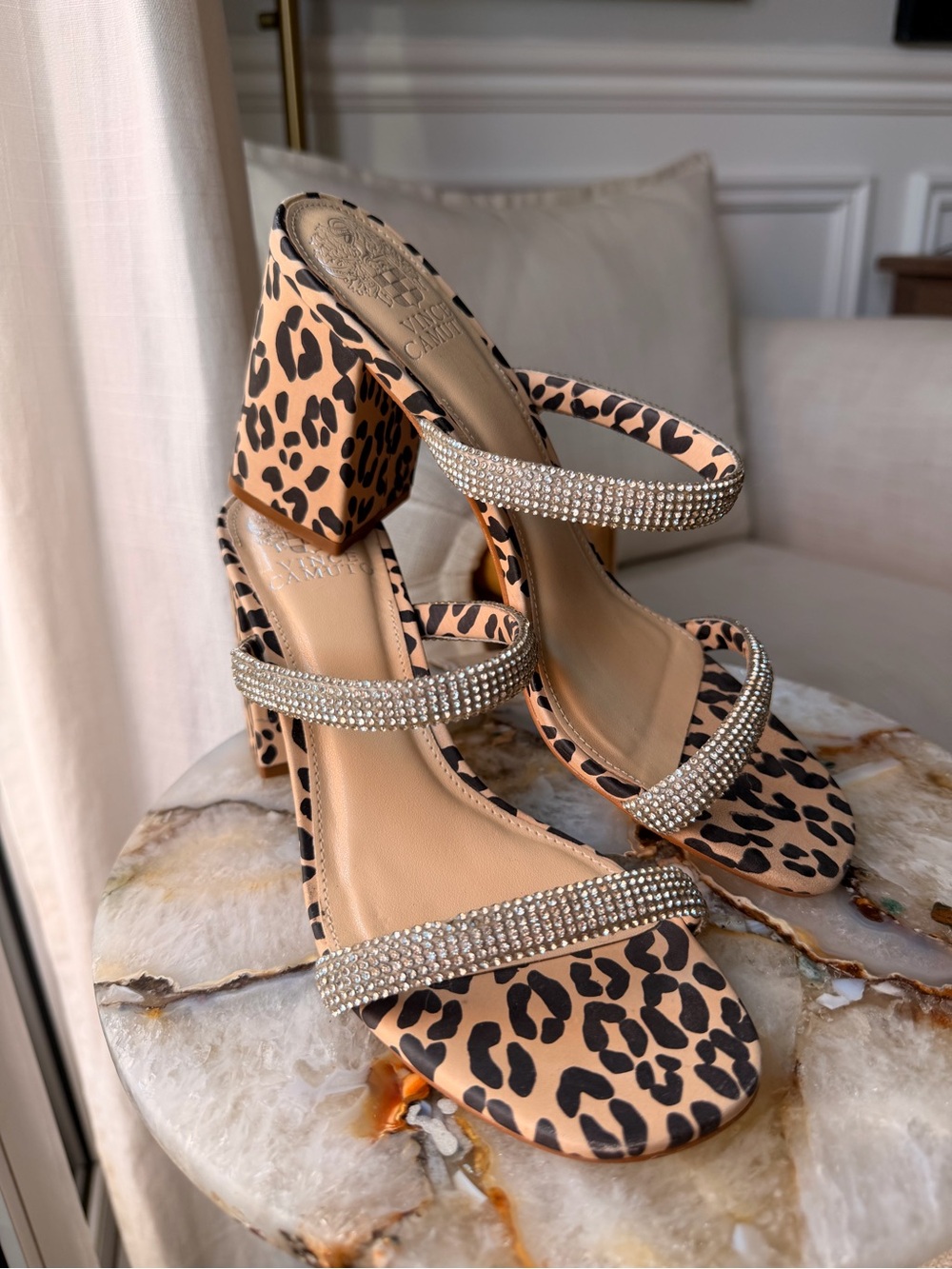 Vince Camuto Leopard Print Crystal-Strap Block Heels